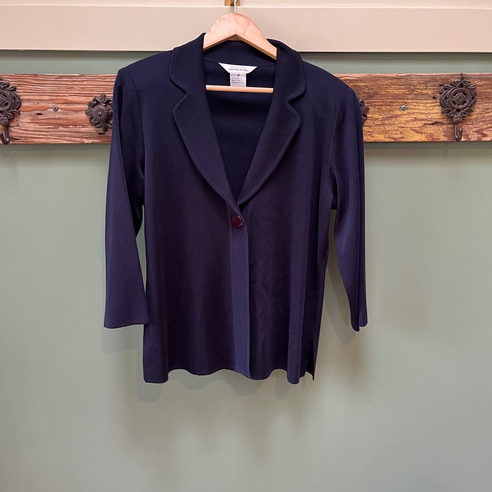 Misook Navy Blue Knit Blazer Single Button Notched Lapel 3/4 Sleeve Jacket M